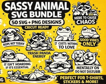 Funny Animal SVG Bundle 50 Designs | Sassy Quotes Cricut Files | Sarcastic Sayings PNG | Cute Animals Clipart | Instant Download