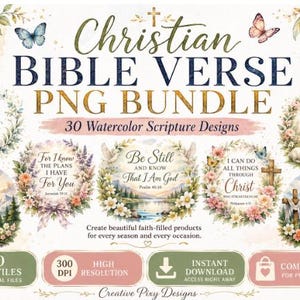 Può includere: Un pacchetto digitale di 30 file PNG di versetti biblici cristiani con ghirlande floreali ad acquerello e scene paesaggistiche. Il testo include "Trust in the Lord", "The Lord is my Shepherd", "Be Still and Know That I Am God" e "With God All Things Are Possible".