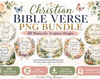 Christian Bible Verse PNG Bundle | 30 Watercolor Christian Designs | Faith Quotes | Sublimation PNG | Bible Scripture Clipart