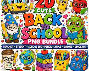Back to School PNG Bundle | Cute School Clipart | Teacher PNG | School Bus | Pencil | Apple | Gnome | Dinosaur | Sublimation PNG