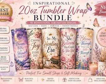 Inspirational 20oz Skinny Tumbler Wrap Bundle PNG | Motivational Sublimation Designs | Self Love Tumbler Wraps | Feminine Quote Tumblers