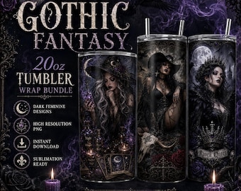 Gothic Tumbler Wrap Bundle PNG | Dark Fantasy Raven Queen 20oz Skinny Tumbler Designs | Witchy Goth Sublimation PNG | Gothic Fairy Cup Wrap