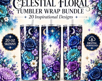 Celestial Floral Tumbler Wrap Bundle, 20oz Skinny Tumbler Sublimation PNG, Inspirational Quote Tumbler Designs, Purple Blue Floral Wrap