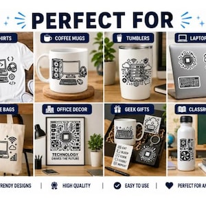 Lifestyle mockup displaying computer technology SVG designs on t-shirts, coffee mugs, tumblers, laptop stickers, tote bags, office décor, mouse pads, classroom accessories, and geek gift products.