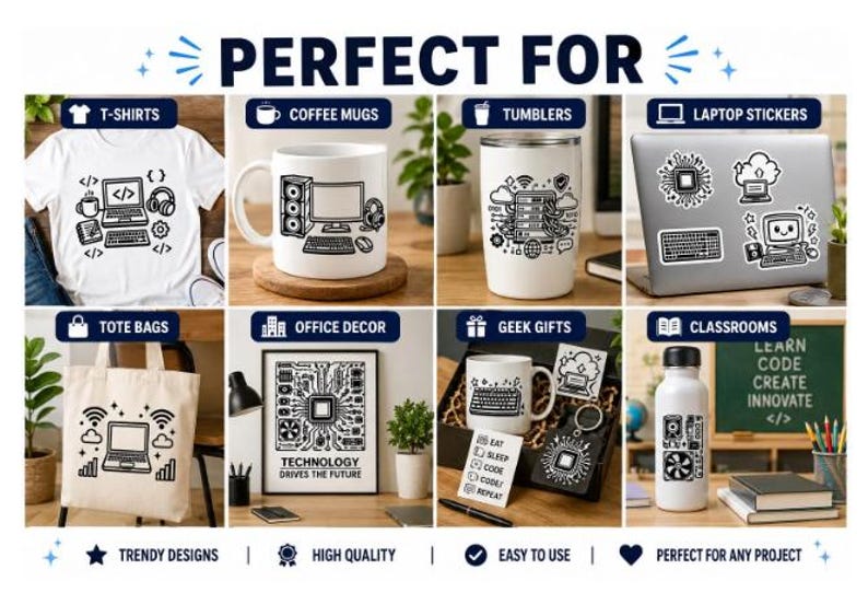 Lifestyle mockup displaying computer technology SVG designs on t-shirts, coffee mugs, tumblers, laptop stickers, tote bags, office décor, mouse pads, classroom accessories, and geek gift products.