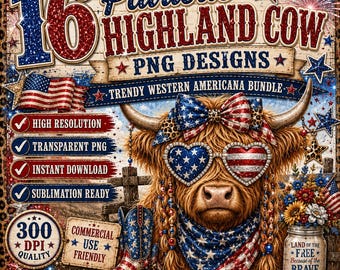 Patriotic Highland Cow Bundle, 4th of July Cowgirl PNG, USA Highland Cow Sublimation Design, Red White Blue Western PNG, Independence Day