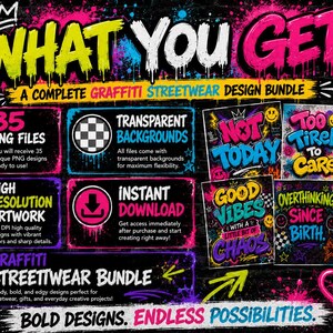 What-you-get image displaying included PNG files, transparent backgrounds, instant download artwork, and colorful graffiti-style sarcastic quote designs.