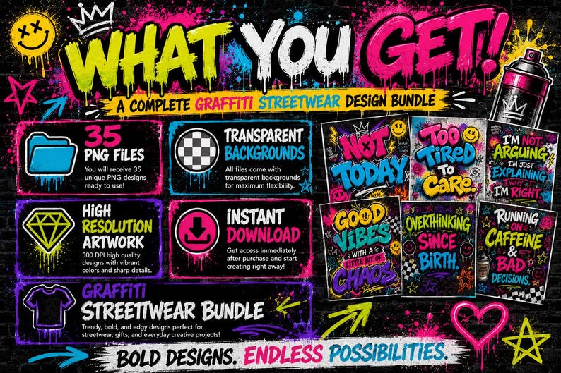 What-you-get image displaying included PNG files, transparent backgrounds, instant download artwork, and colorful graffiti-style sarcastic quote designs.