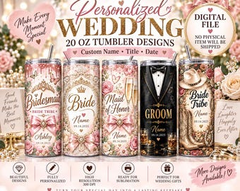 Personalized Wedding Tumbler Bundle | Bride Tribe Canva Templates | Bridesmaid Tumbler Wrap PNG | Groom & Bridal Party Gift | 20 oz Skinny