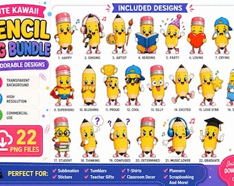 Cute Kawaii Pencil PNG Bundle | Back to School Clipart | School Mascot Characters | Teacher Sublimation Design | Kids Sticker PNG