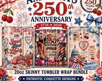 Sweet Land of Liberty 20oz Tumbler Wrap Bundle PNG | America 250th Anniversary 1776-2026 Sublimation Design | Patriotic Coquette USA Cup