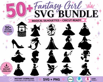 Princess & Cartoon Silhouette Bundle | 50+ Designs | Fairy Tale Characters SVG PNG | Cricut Cut Files | Disney Inspired Squad Goals SVG