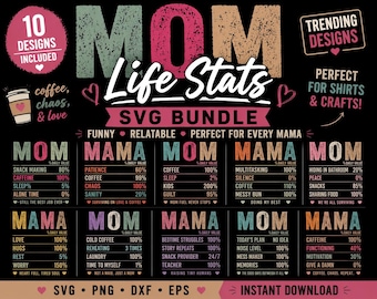 Funny Mom Life SVG Bundle, Mama Stats SVG, Motherhood Quote PNG, Retro Distressed Mom Shirt Design, Cricut Cut File, Sublimation Design