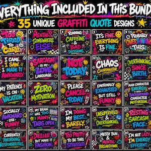 Preview grid displaying 35 colorful graffiti sarcastic quote PNG designs with vibrant neon colors, spray paint textures, and edgy street-art graphics.