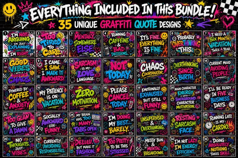 Preview grid displaying 35 colorful graffiti sarcastic quote PNG designs with vibrant neon colors, spray paint textures, and edgy street-art graphics.