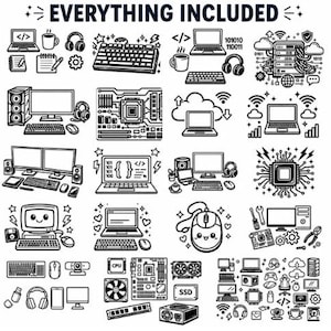 Design preview showing the complete Computer Tech SVG Bundle with laptops, keyboards, desktop computers, servers, cloud computing, CPUs, computer parts, coding icons, networking equipment, and technology accessories on a clean white background.