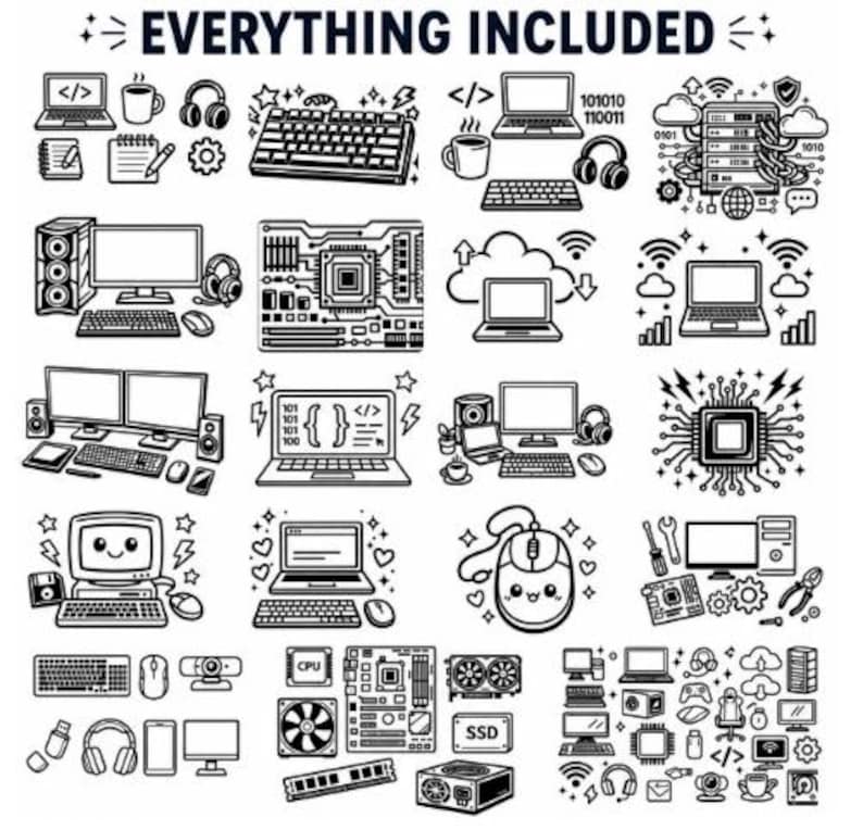 Design preview showing the complete Computer Tech SVG Bundle with laptops, keyboards, desktop computers, servers, cloud computing, CPUs, computer parts, coding icons, networking equipment, and technology accessories on a clean white background.