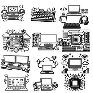 May include: A collection of black and white line art icons depicting various computing elements, including laptops, desktop computers, keyboards, servers, circuit boards, cloud storage symbols, headphones, and binary code sequences.