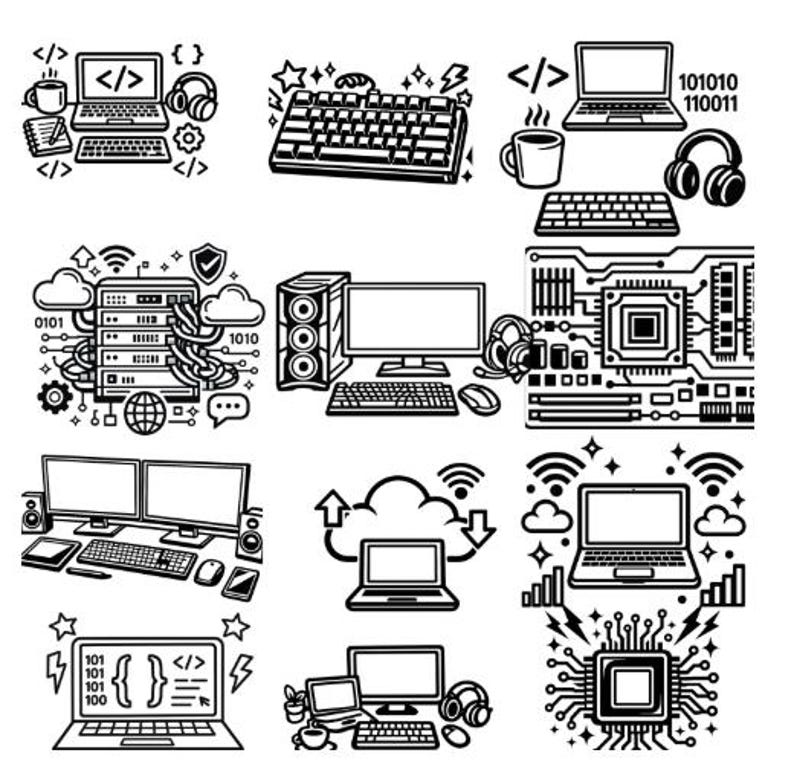 May include: A collection of black and white line art icons depicting various computing elements, including laptops, desktop computers, keyboards, servers, circuit boards, cloud storage symbols, headphones, and binary code sequences.