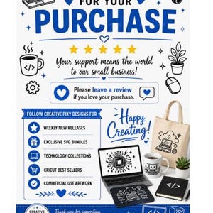 Thank-you page from Creative Pixy Designs thanking customers for their purchase, requesting a review, and promoting weekly new releases, exclusive SVG bundles, technology collections, Cricut best sellers, and commercial use artwork with technology-themed graphics and office accessories.