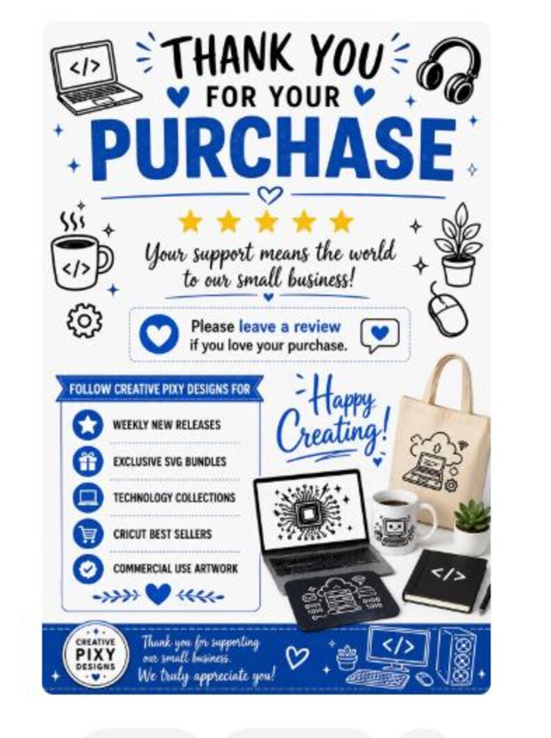 Thank-you page from Creative Pixy Designs thanking customers for their purchase, requesting a review, and promoting weekly new releases, exclusive SVG bundles, technology collections, Cricut best sellers, and commercial use artwork with technology-themed graphics and office accessories.