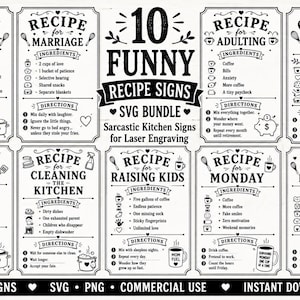 Könnte beinhalten: Ein digitales Set aus 10 schwarz-weißen grafischen Schildern mit humorvollen Rezeptthemen für die Küchendekoration. Jedes Schild enthält einen Titel, eine Zutatenliste und Anweisungen mit Symbolen. Text: 10 FUNNY RECIPE SIGNS SVG BUNDLE.