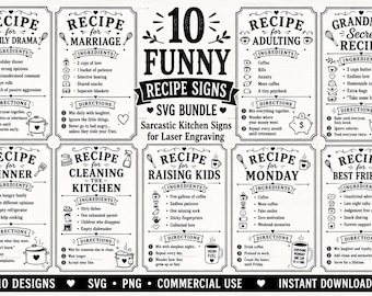 Funny Recipe Signs Bundle | Sarcastic Kitchen Laser Engraving Files | Farmhouse Recipe Cards | Glowforge LightBurn xTool CNC SVG PNG