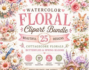 Watercolor Floral Clipart Bundle | Cottagecore Flowers Bundle | Spring Flower Bouquet Clipart | Pastel Wildflower  | Junk Journal Graphics