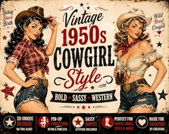 Cowgirl Pin Up Bundle | Retro Western Sassy Quotes | 1950s Vintage Cowgirl Designs | Cricut PNG SVG Sublimation Files