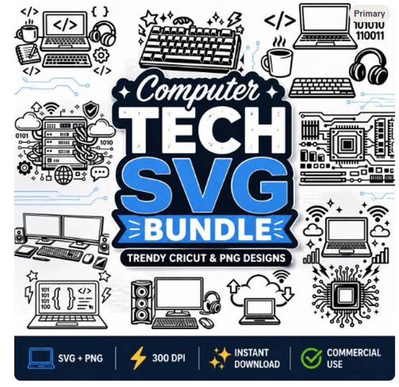 Computer Tech SVG Bundle cover image featuring a collection of computer, coding, laptop, keyboard, server, CPU, and technology-themed SVG and PNG designs with badges highlighting SVG + PNG, 300 DPI, instant download, and commercial use.