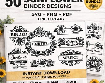 Sunflower Binder SVG Bundle 50 Designs | Cricut Planner Covers Labels Dividers | Farmhouse Sunflower Printable | Teacher Binder Kit
