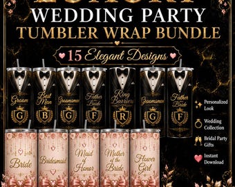 May include: A digital bundle of 15 tumbler wrap designs featuring black tuxedo patterns with gold accents and blush pink floral patterns with bows. The text includes titles like Groom, Bride, Best Man, and Maid of Honor for 20 oz skinny tumblers.