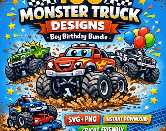 Monster Truck Birthday SVG Bundle 100 Designs | Boy Birthday Shirt PNG | Truck Party Clipart | Cricut Cut Files | Mud Truck Kids Design