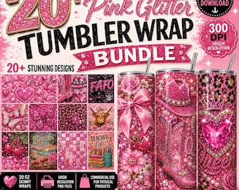 20 Oz Skinny Tumbler Wrap Bundle | 20+ Pink Glitter Coquette Tumbler Designs | Barbie Inspired PNG | Western Cowgirl | Sublimation Wrap