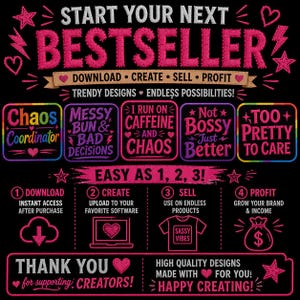 May include: Black graphic with pink text that reads "START YOUR NEXT BESTSELLER." Includes phrases like "Chaos Coordinator," "Messy Bun & Bad Decisions," and "Easy as 1, 2, 3!" with icons.