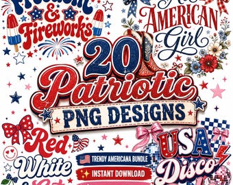 Patriotic Bundle | 4th of July Sublimation Designs | USA Coquette PNG | American Girl Retro PNG | Red White & Cute | Instant Download