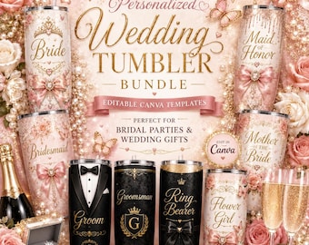 Personalized Wedding Tumbler Bundle | Bride Tribe Canva Templates | Bridesmaid Tumbler Wrap PNG | Groom & Bridal Party Gift | 20 oz Skinny