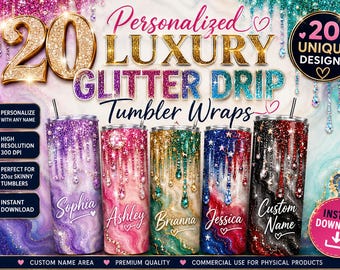 20 Personalized Glitter Drip 20oz Skinny Tumbler Wrap Bundle | Custom Name Tumbler PNG | Editable Sublimation Wrap | Glitter Marble Tumbler