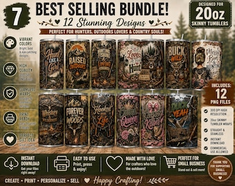 Hunting Tumbler Wrap Bundle PNG | 20oz Skinny Tumbler Sublimation Designs | Camo Queen Hunting Girl Duck Hunting Buck Wild Outdoors PNG