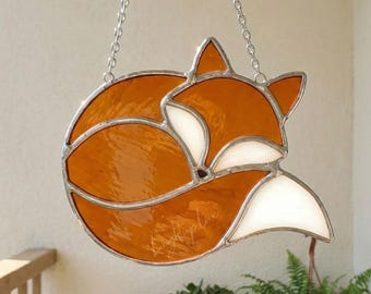 Fox glas-in-loodraam, handgemaakte slapende bosvos raam hangend, gezellig bos woondecoratie cadeau voor natuurliefhebbers