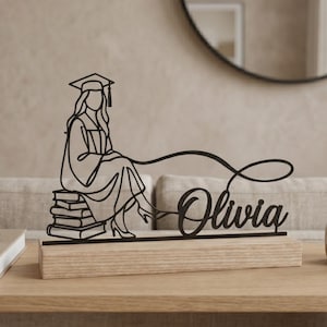 May include: A black metal graduation-themed desk decoration featuring a graduate seated on books, with the name "Olivia" in cursive. The decoration is mounted on a wooden base. The text "Lightuplux" is in the upper left corner.