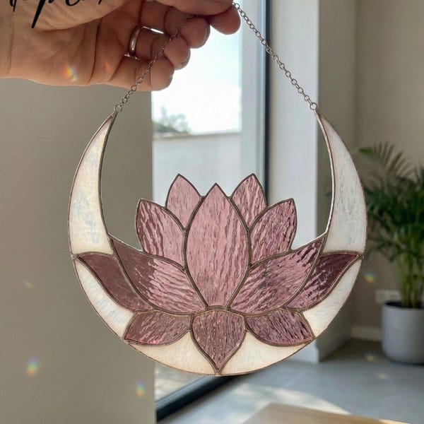 Lotus Moon Stained Glass Window Suncatcher, Handmade Spiritual Glass Art Hanging Decor, Peaceful Gift for Mindfulness Lovers and Yoga Coach