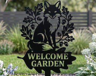Estaca de bienvenida de zorro para jardín, arte personalizado de bosque para el patio, decoración de animales de metal, letrero para exteriores para amantes de la naturaleza.