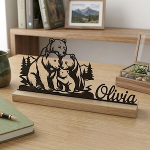 Anpassad metalldekoration för skrivbord med namn, personlig bordsskylt med skogsdjur och träbas