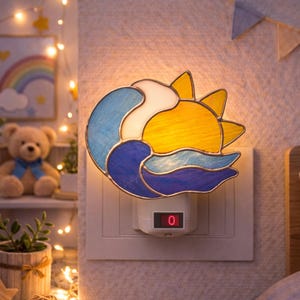 Lámpara de noche con vitrales y puesta de sol en el océano, hecha a mano, con forma de ola y sol, ideal para decorar dormitorios costeros o casas de playa.