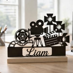 Custom Filmmaker Metal Desk Decor, Personalized Name Table Art with Wooden Base, Film Studio Gift
