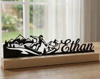 Personalized Snowboarding Metal Desk Decor, Steel Silhouette with Wooden Base