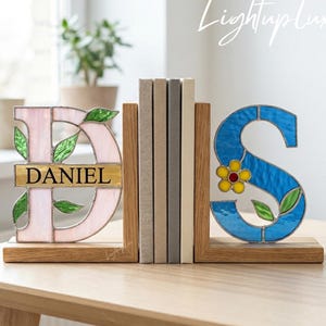 Personalized Monogram Stained Glass Bookend, Custom Name Letter Book Stopper for Reading Corner Decor