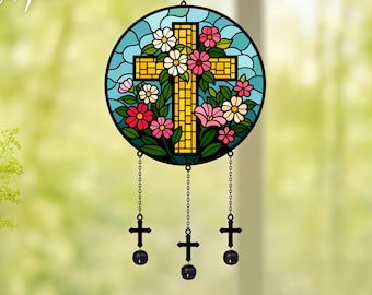 Christliches Kreuz Wildblumen Metall Windspiel | Outdoor Garten Art Decor | Jesus Dekoration | Fenster hängende Ornament | Oster Geschenk