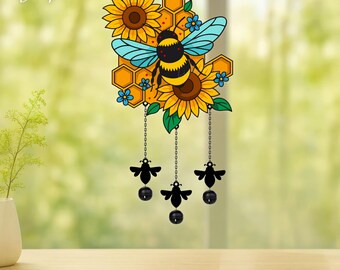 Bee Wind Chime | Honeybee Hanging Ornament | Outdoor Garden Hanging Decor | Nature Lover Gift | Gift for Grandma | Window Metal Art